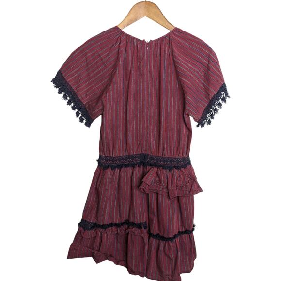 Sea New York Dress 2 Peasant Burgundy Striped Ruffled Pom Poms Lace Trim - Picture 7 of 10
